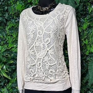 J. Crew Sweatshirt Small Cream Lace Front‎ Crew Neck Long Sleeve Top Women  3335